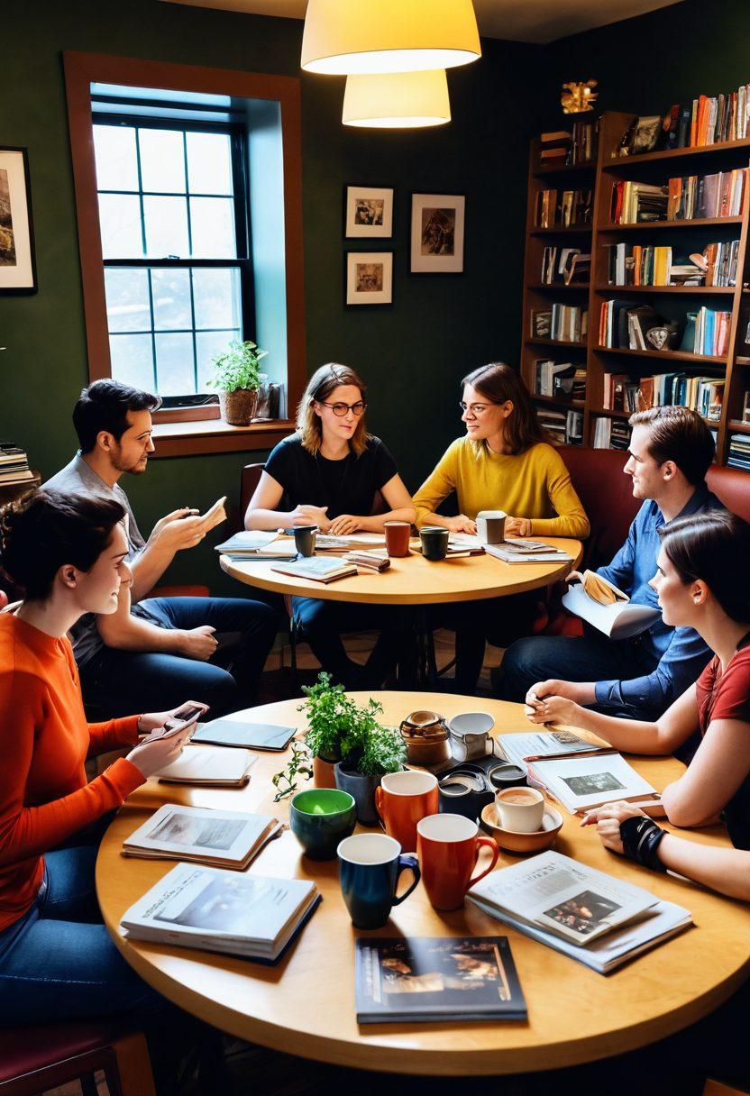 A dynamic roundtable scene with diverse genre enthusiasts animatedly discussing books, movies, and music, surrounded by colorful genre-themed decor like sci-fi, fantasy, mystery, and romance elements. Expressions of excitement and curiosity on their faces, coffee cups and stacks of genre-related materials on the table. A warm, inviting atmosphere that encourages dialogue and connection. super-realistic. vibrant colors. cozy setting.