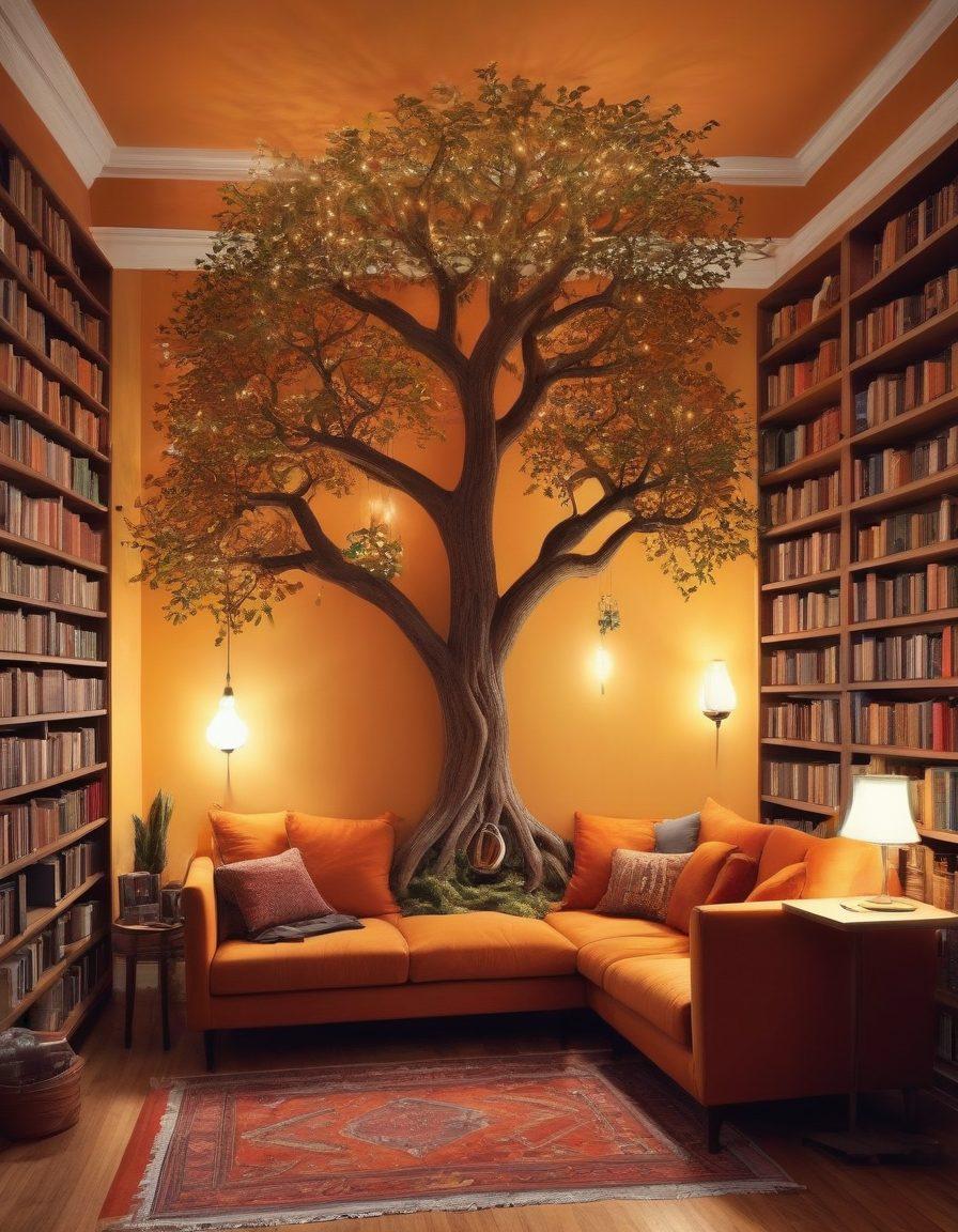 An enchanting library filled with diverse genres of books, showcasing vibrant book covers that reflect fantasy, mystery, romance, and science fiction. A warm glow illuminates the cozy reading nook, inviting readers to immerse themselves in stories. A whimsical tree of words and literary symbols grows from the bookshelf, representing the interconnectedness of narratives. super-realistic. warm colors. cozy atmosphere.