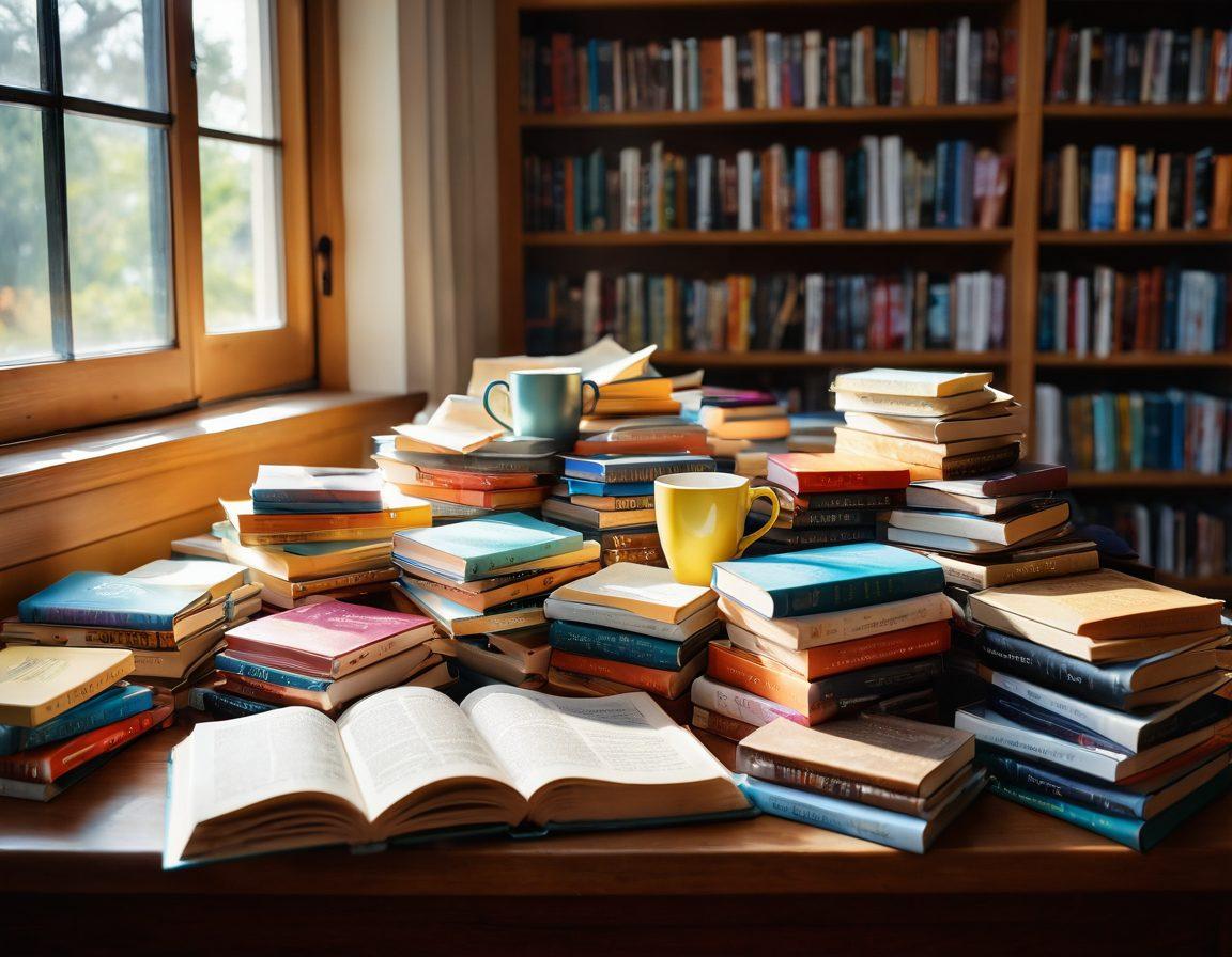 An inviting scene of an open book surrounded by freshly released novels, each with colorful and eye-catching covers. Soft sunlight illuminates the pages, with a steaming coffee cup sitting beside, and cozy reading nooks in the background. A diverse group of readers showcasing excitement as they browse through these new releases. Bright and vibrant colors. super-realistic.